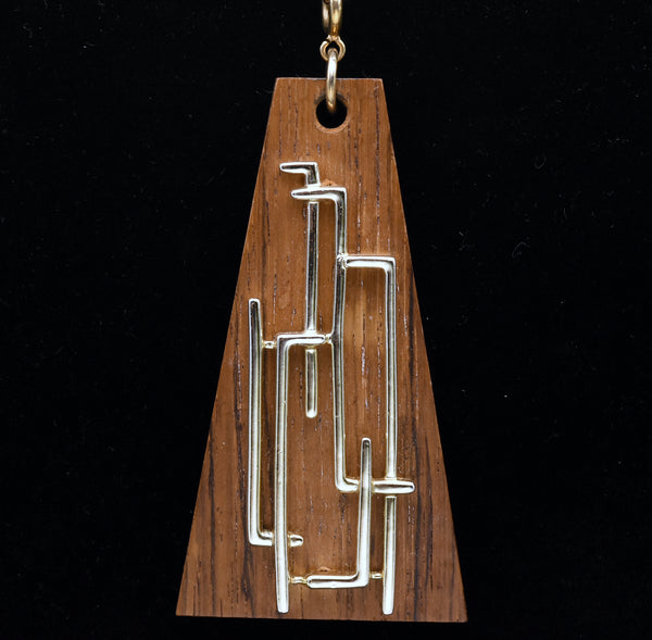 Sarah Coventry - Vintage Modern Design Wood Pendant on Gold Tone Chain Necklace - 22.75"