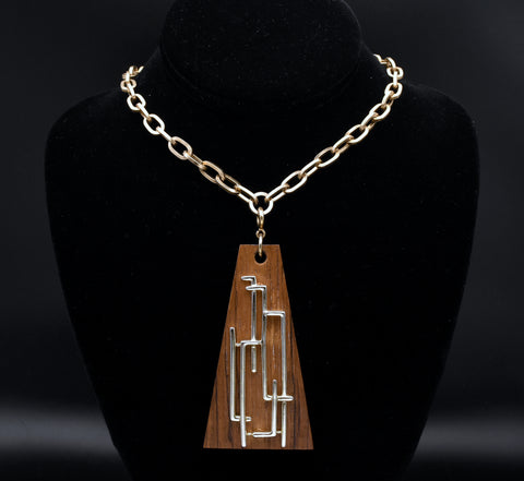 Sarah Coventry - Vintage Modern Design Wood Pendant on Gold Tone Chain Necklace - 22.75"