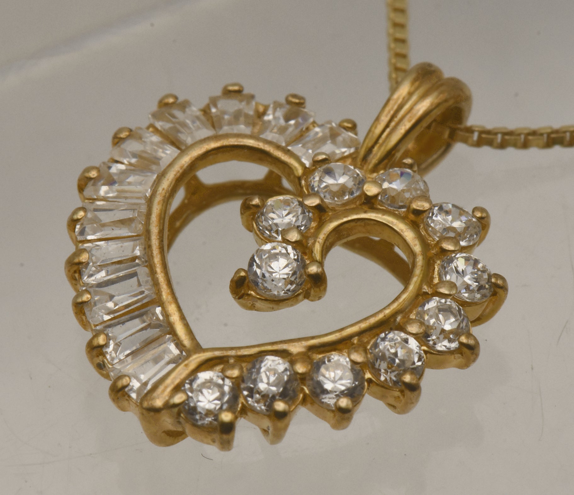 Vintage Cubic Zirconia Vermeil Heart Pendant on Gold Tone Chain Necklace - 18"