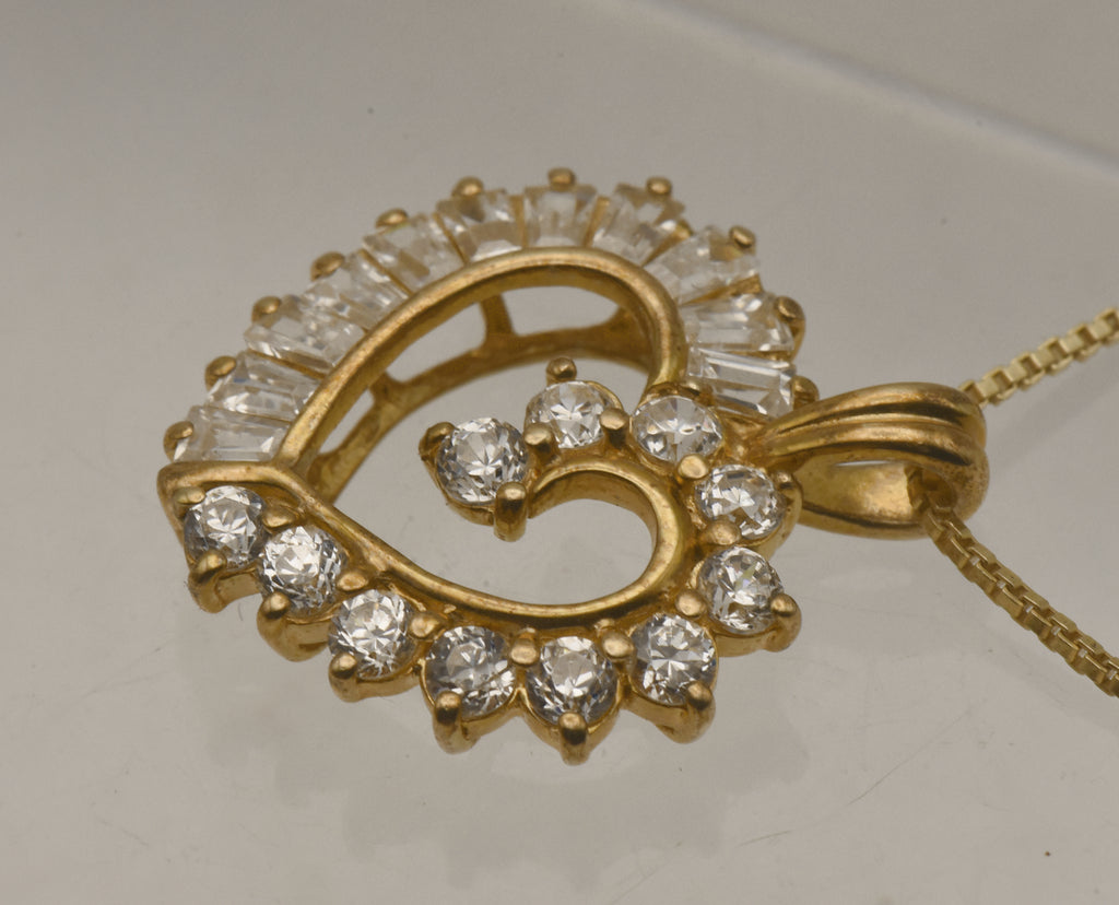 Vintage Cubic Zirconia Vermeil Heart Pendant on Gold Tone Chain Necklace - 18"