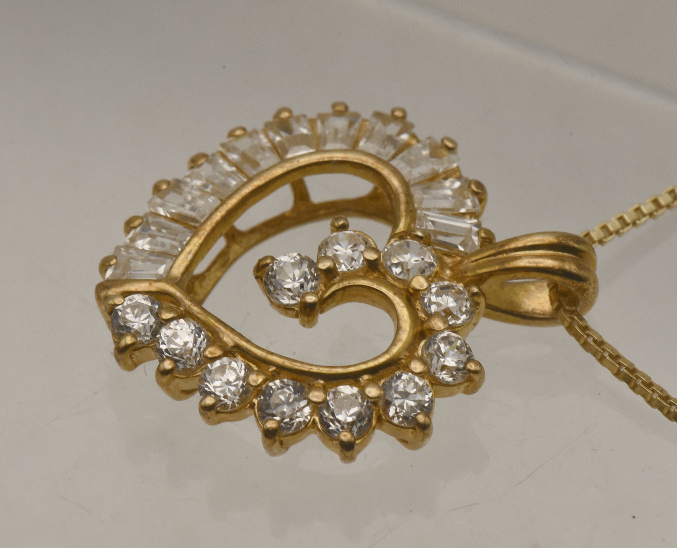 Vintage Cubic Zirconia Vermeil Heart Pendant on Gold Tone Chain Necklace - 18"