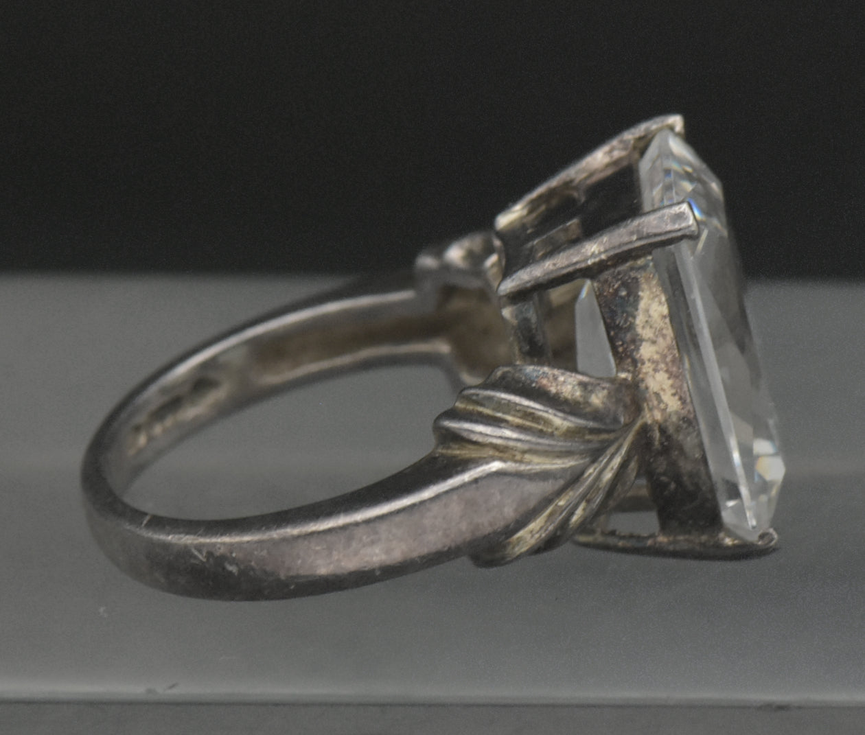 Vintage Rectangular Scissor Cut CZ Sterling Silver Ring - Size 6