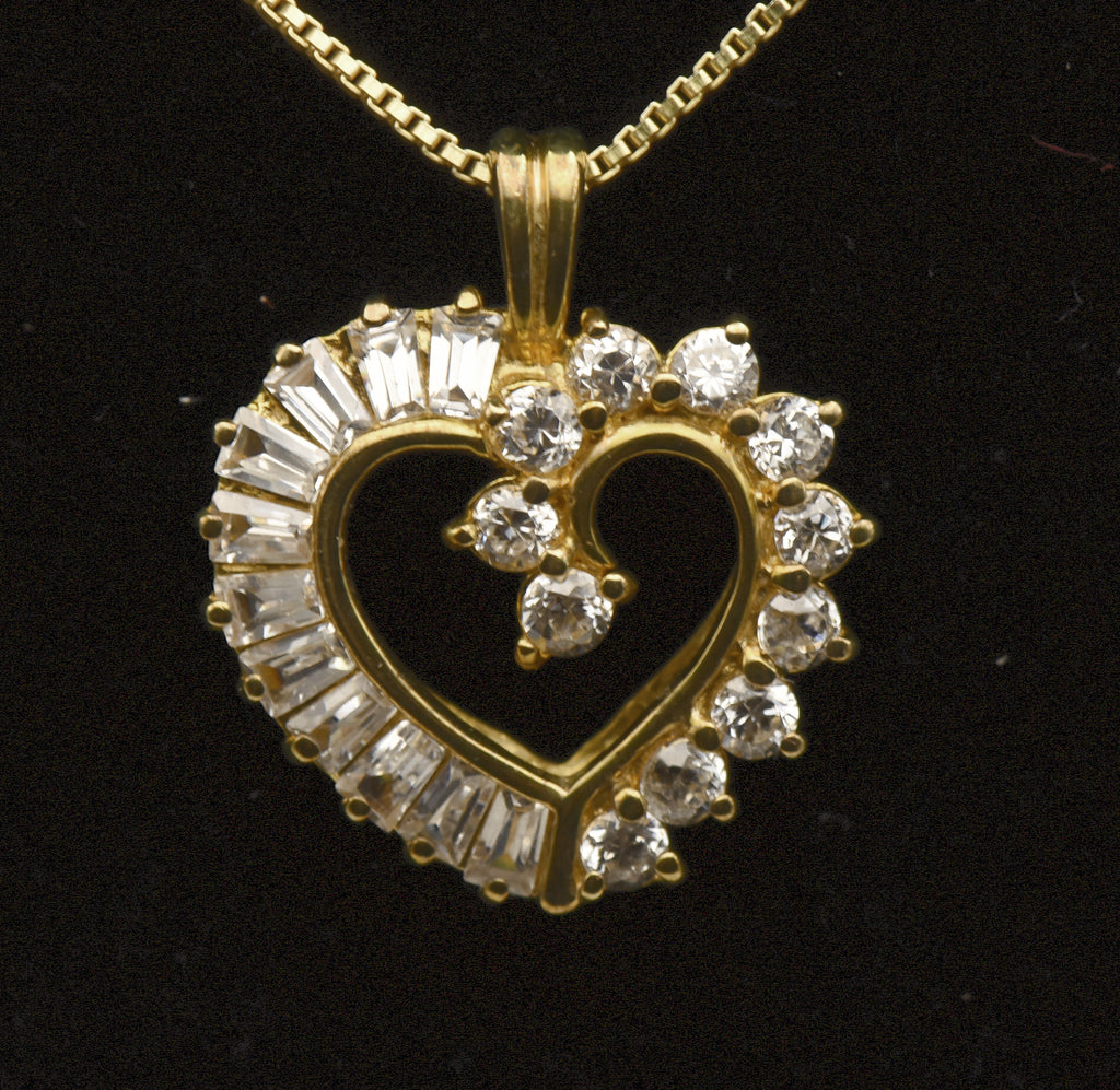 Vintage Cubic Zirconia Vermeil Heart Pendant on Gold Tone Chain Necklace - 18"