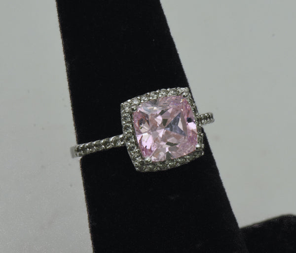 Vintage Pink Cubic Zirconia Sterling Silver Halo Ring - Size 5