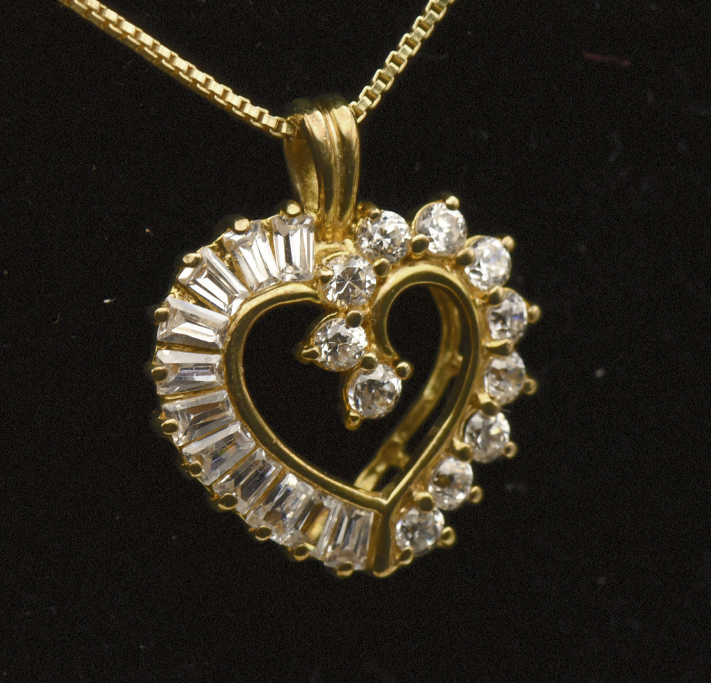 Vintage Cubic Zirconia Vermeil Heart Pendant on Gold Tone Chain Necklace - 18"