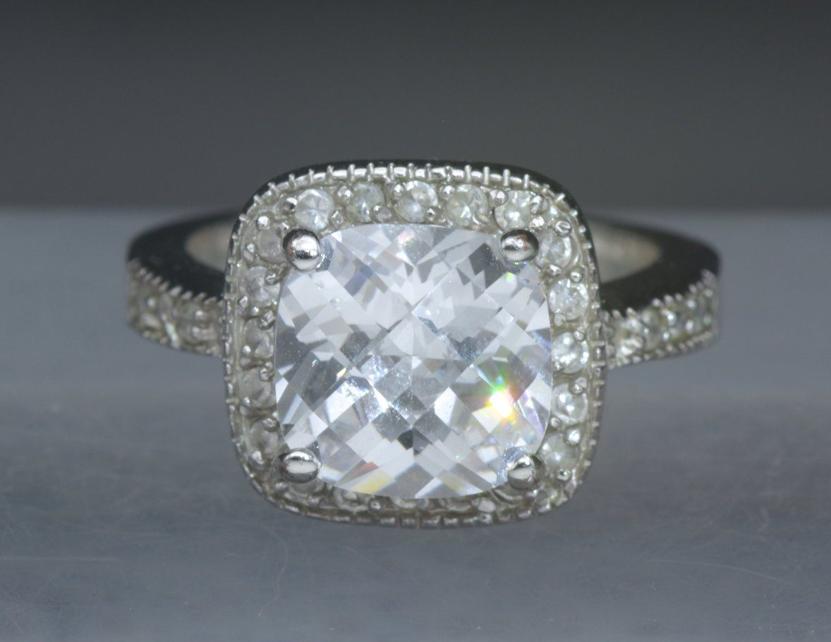 Vintage Rhodium Plated CZ Halo Ring - Size 7.25