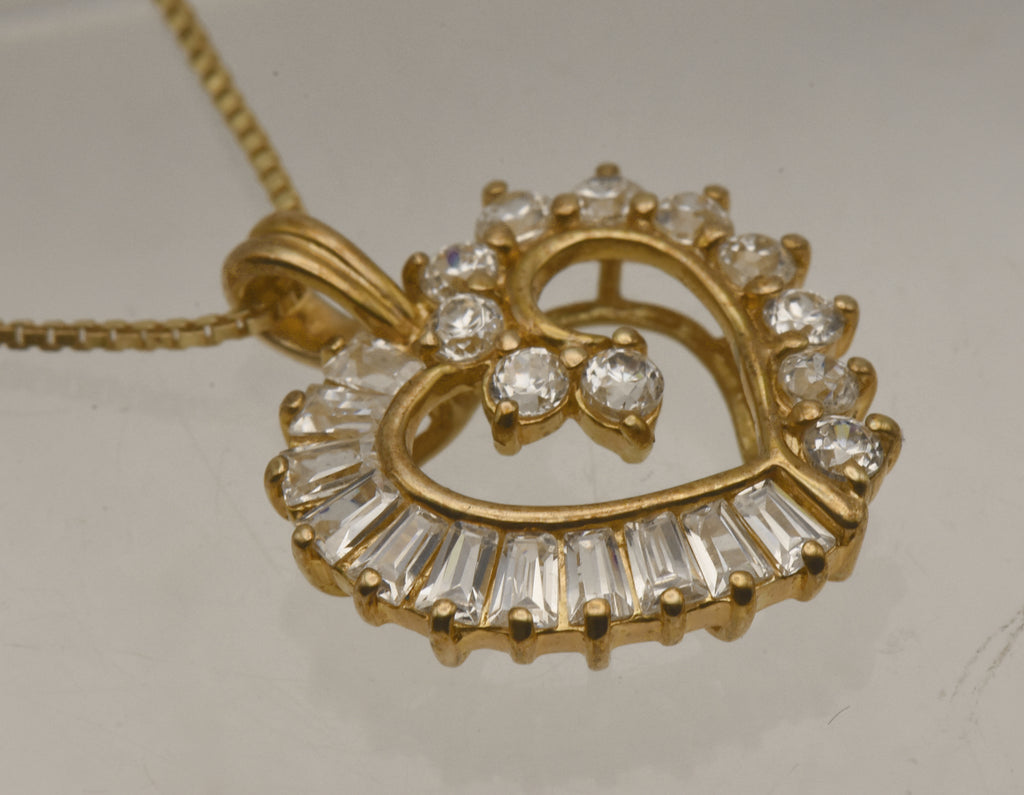 Vintage Cubic Zirconia Vermeil Heart Pendant on Gold Tone Chain Necklace - 18"