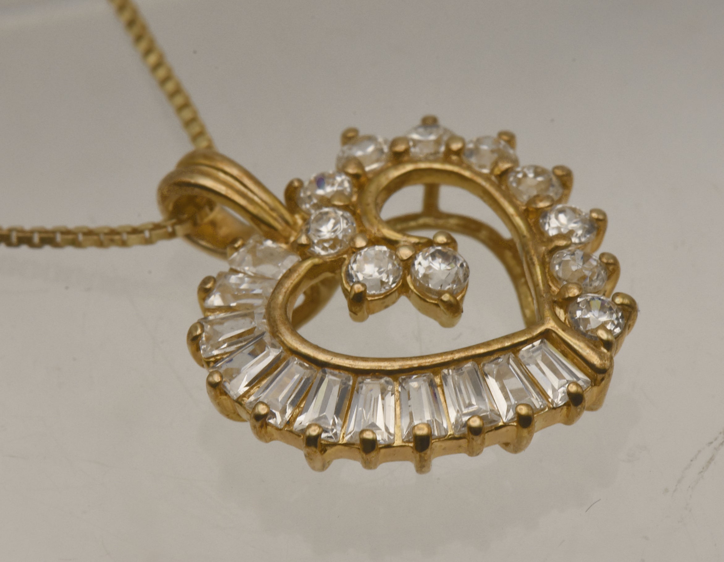 Vintage Cubic Zirconia Vermeil Heart Pendant on Gold Tone Chain Necklace - 18"