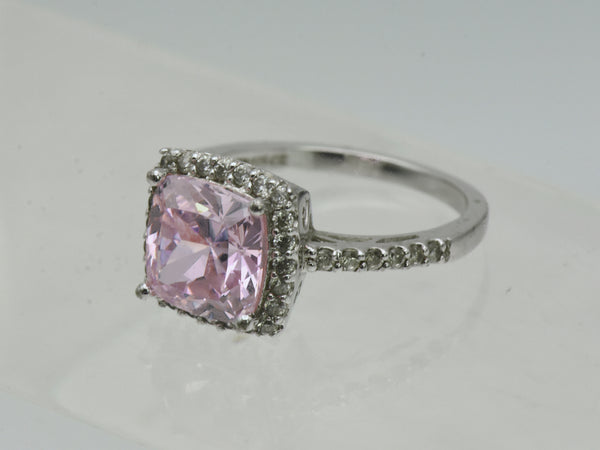 Vintage Pink Cubic Zirconia Sterling Silver Halo Ring - Size 5