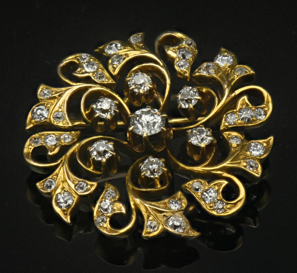 Antique 14k Gold and Diamonds Handmade Swirl Brooch/Pendant