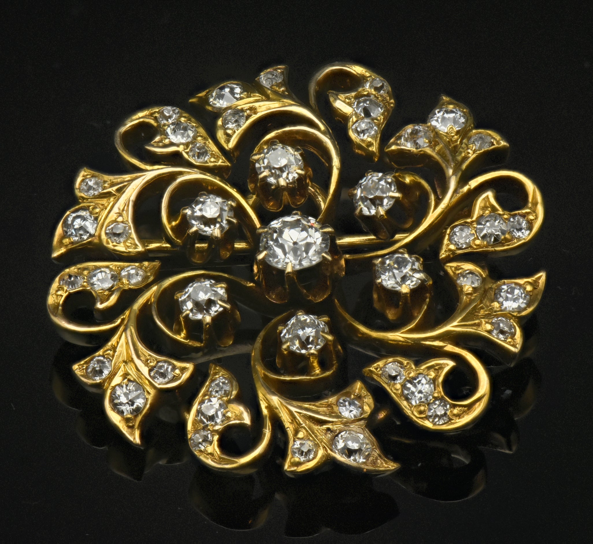 Antique 14k Gold and Diamonds Handmade Swirl Brooch/Pendant