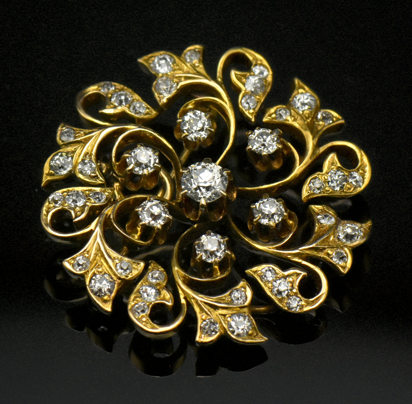 Antique 14k Gold and Diamonds Handmade Swirl Brooch/Pendant