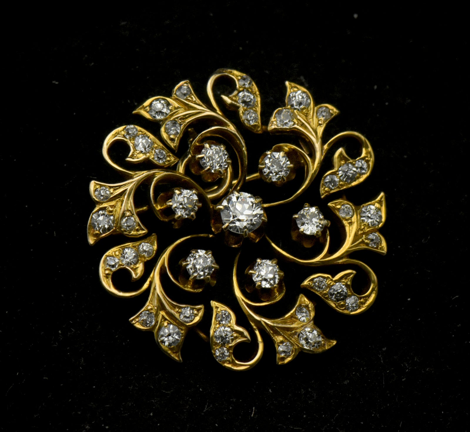 Antique 14k Gold and Diamonds Handmade Swirl Brooch/Pendant