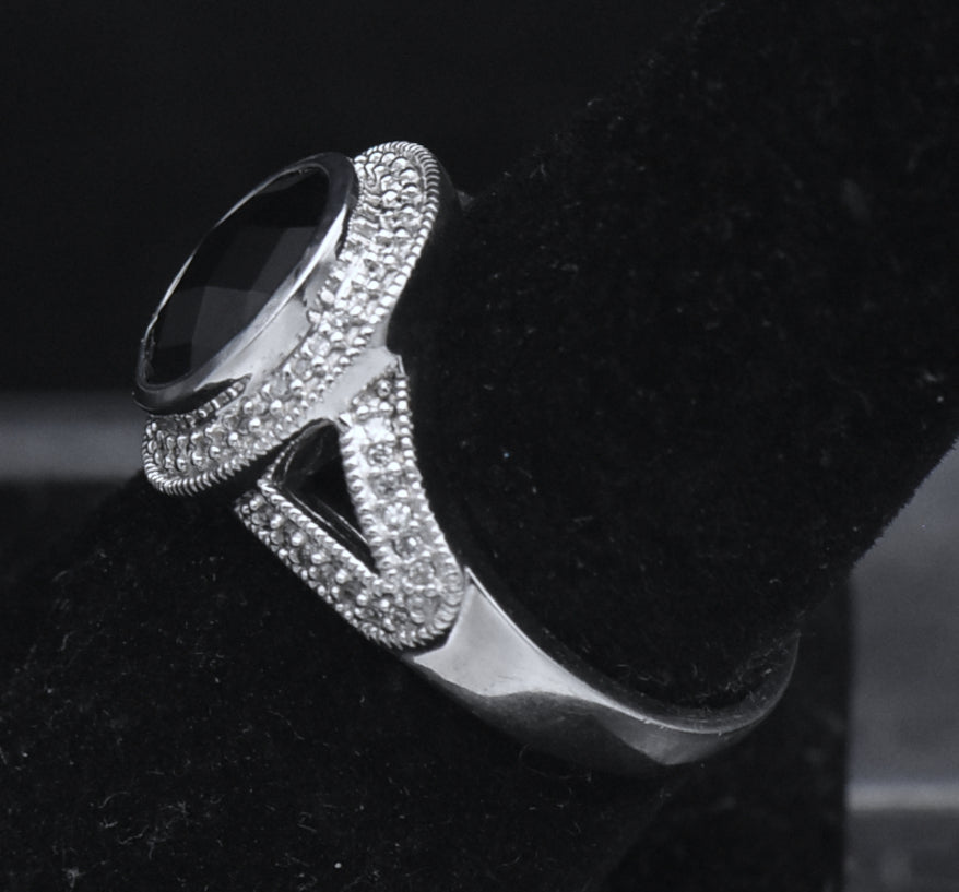 Sterling Silver Black Onyx and Diamonds Ring - Size 7