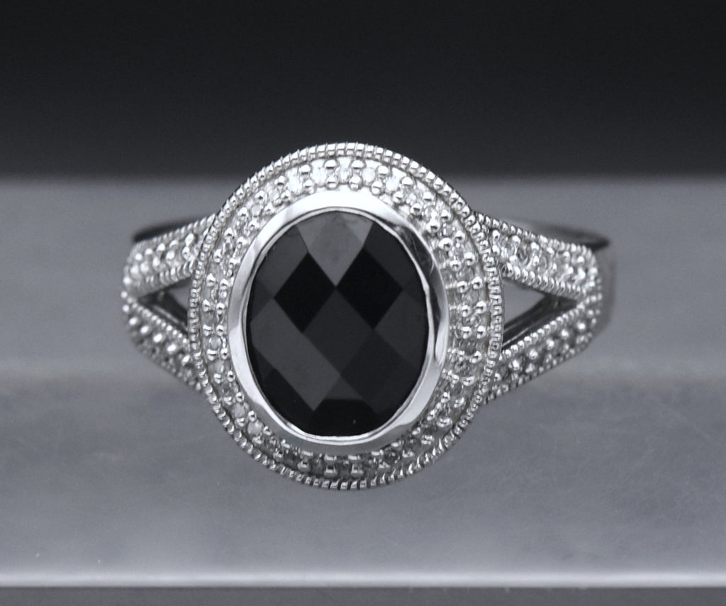 Sterling Silver Black Onyx and Diamonds Ring - Size 7