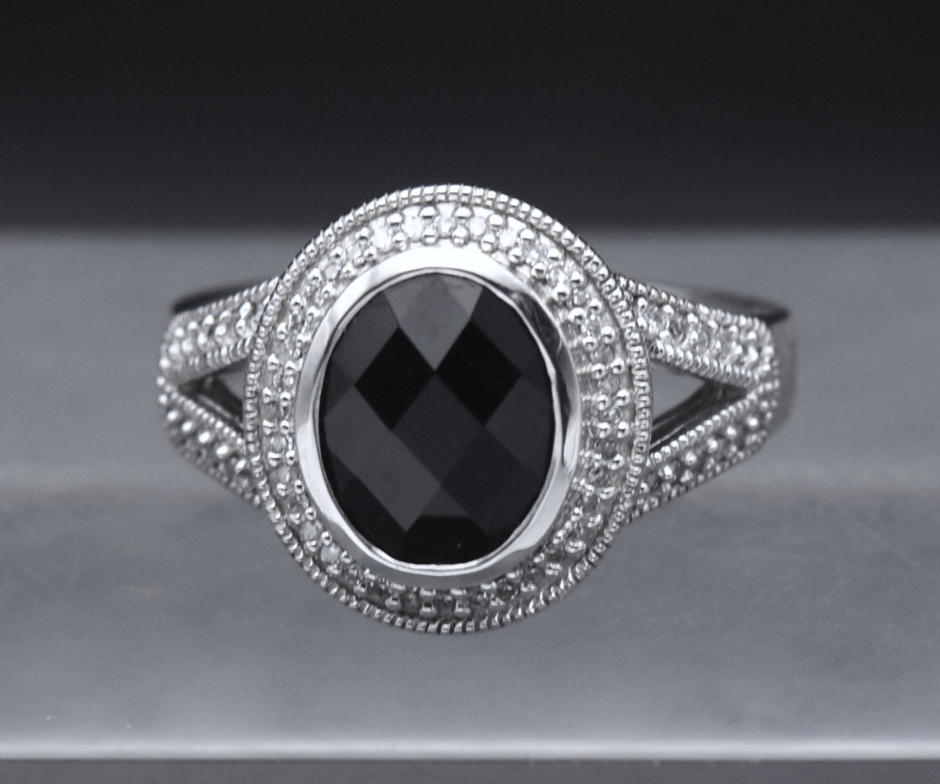 Sterling Silver Black Onyx and Diamonds Ring - Size 7
