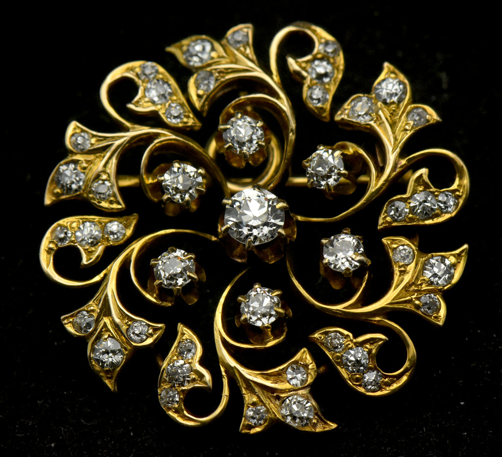 Antique 14k Gold and Diamonds Handmade Swirl Brooch/Pendant