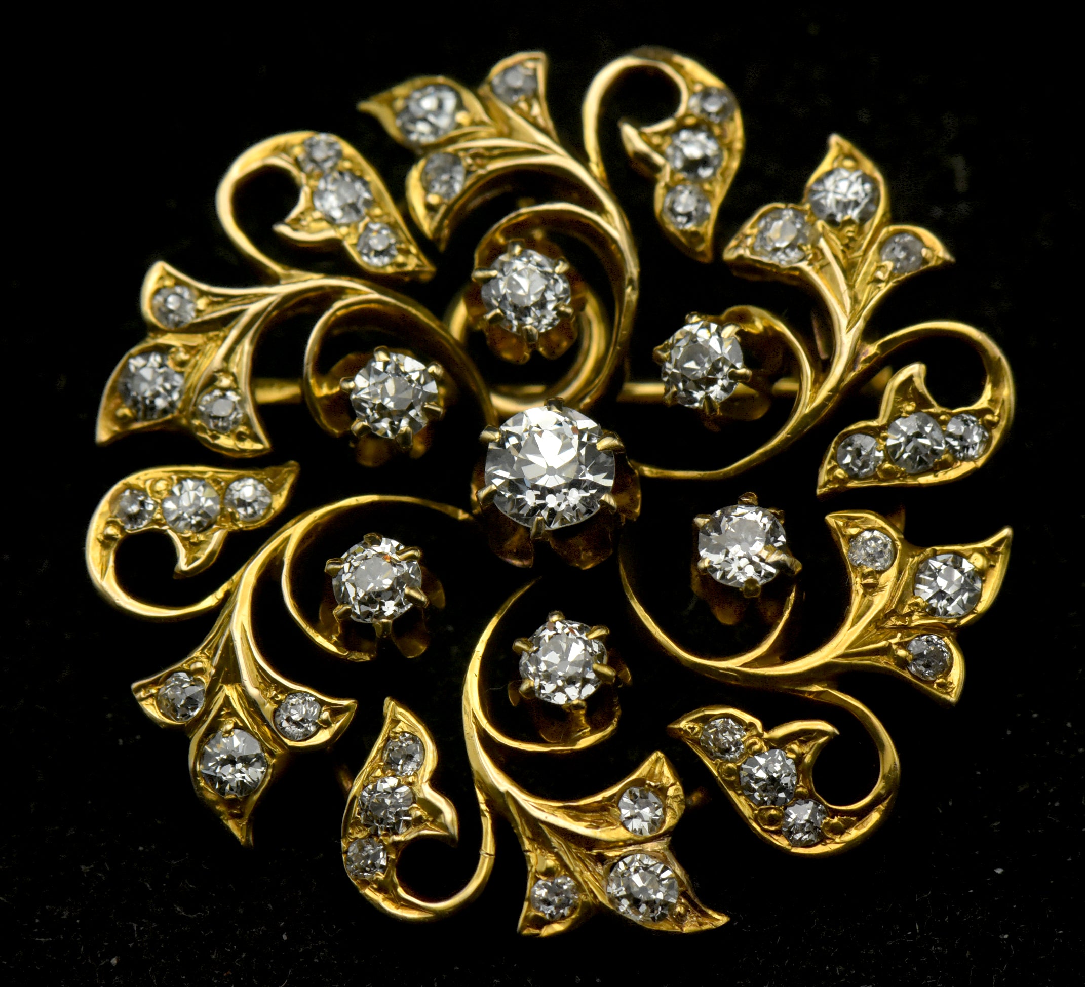 Antique 14k Gold and Diamonds Handmade Swirl Brooch/Pendant