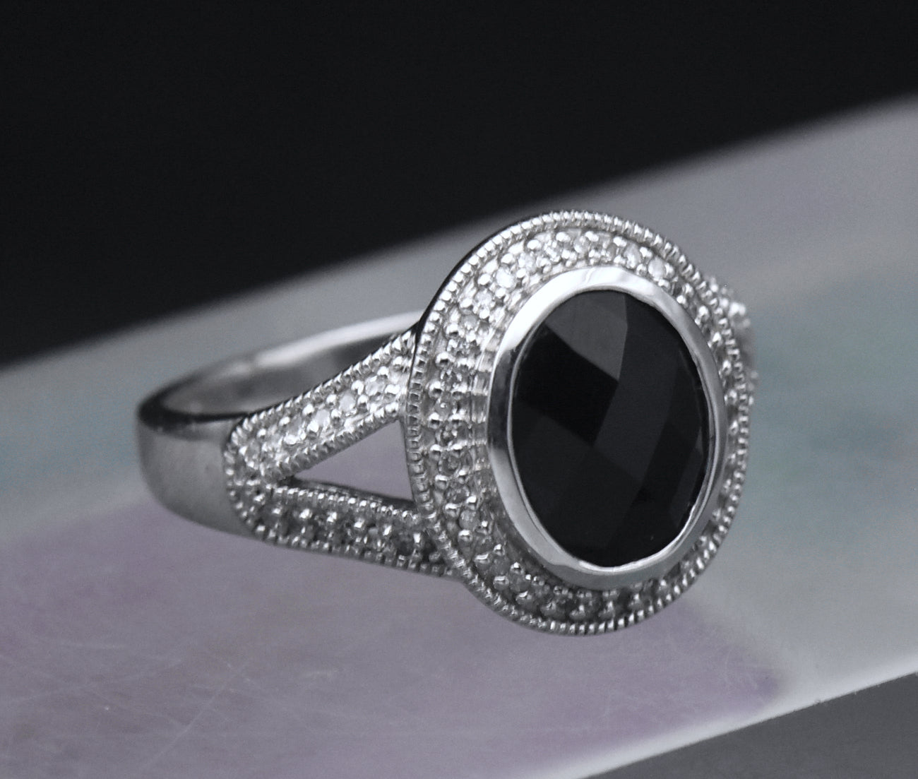 Sterling Silver Black Onyx and Diamonds Ring - Size 7