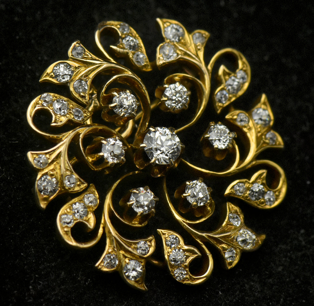 Antique 14k Gold and Diamonds Handmade Swirl Brooch/Pendant