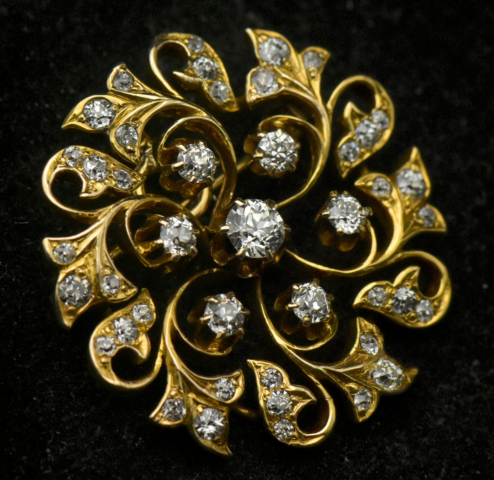 Antique 14k Gold and Diamonds Handmade Swirl Brooch/Pendant