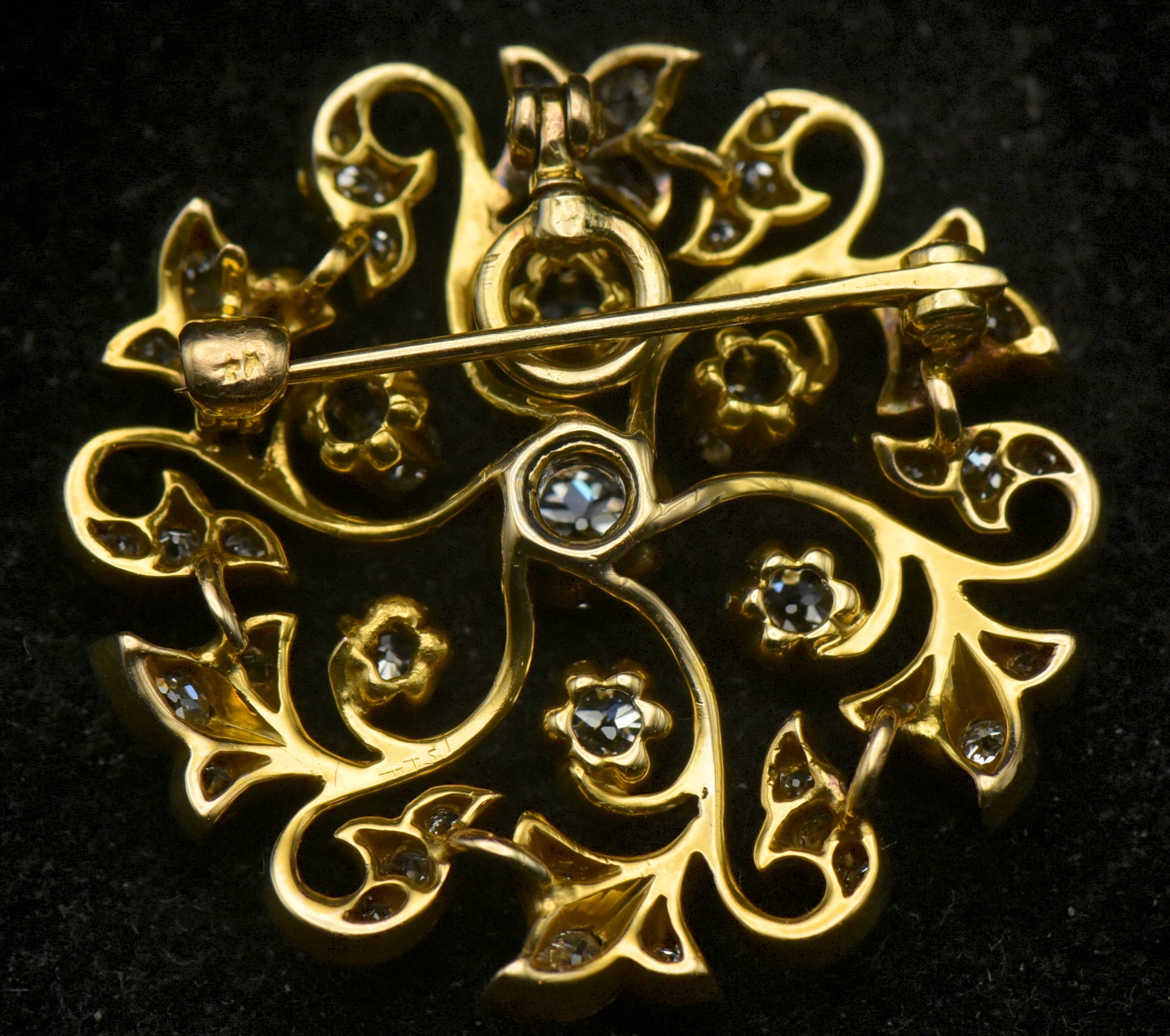 Antique 14k Gold and Diamonds Handmade Swirl Brooch/Pendant