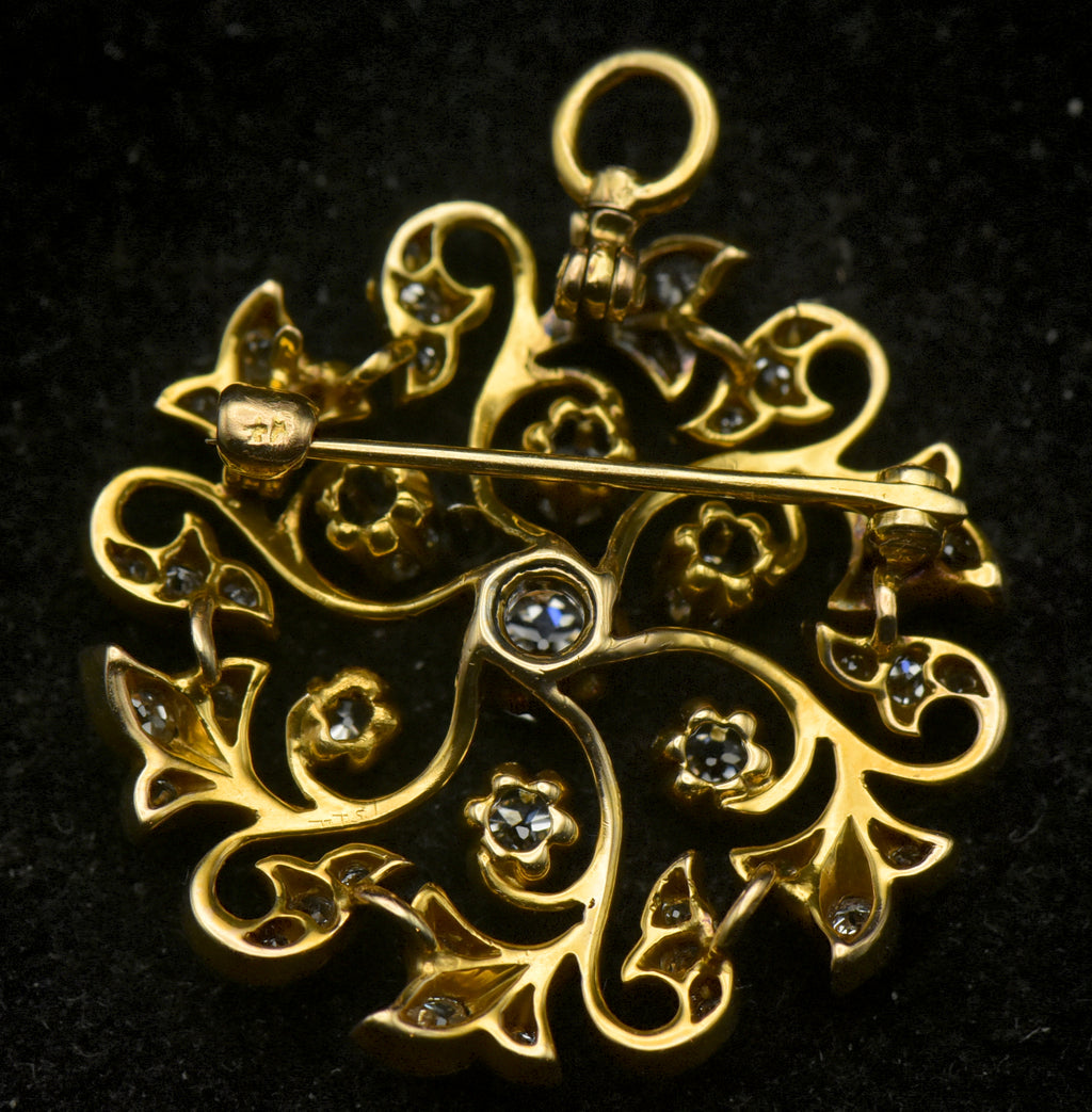 Antique 14k Gold and Diamonds Handmade Swirl Brooch/Pendant