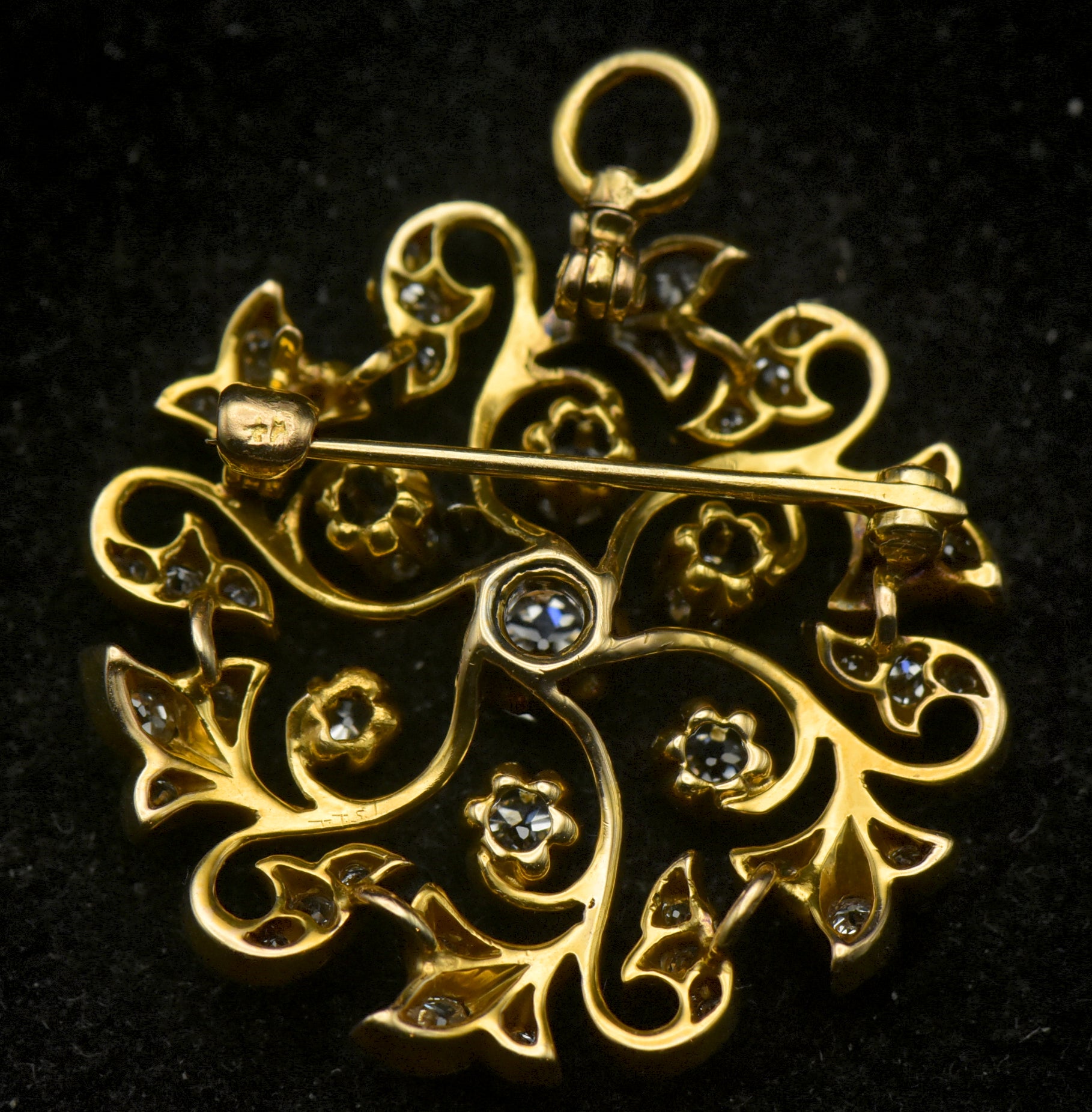 Antique 14k Gold and Diamonds Handmade Swirl Brooch/Pendant