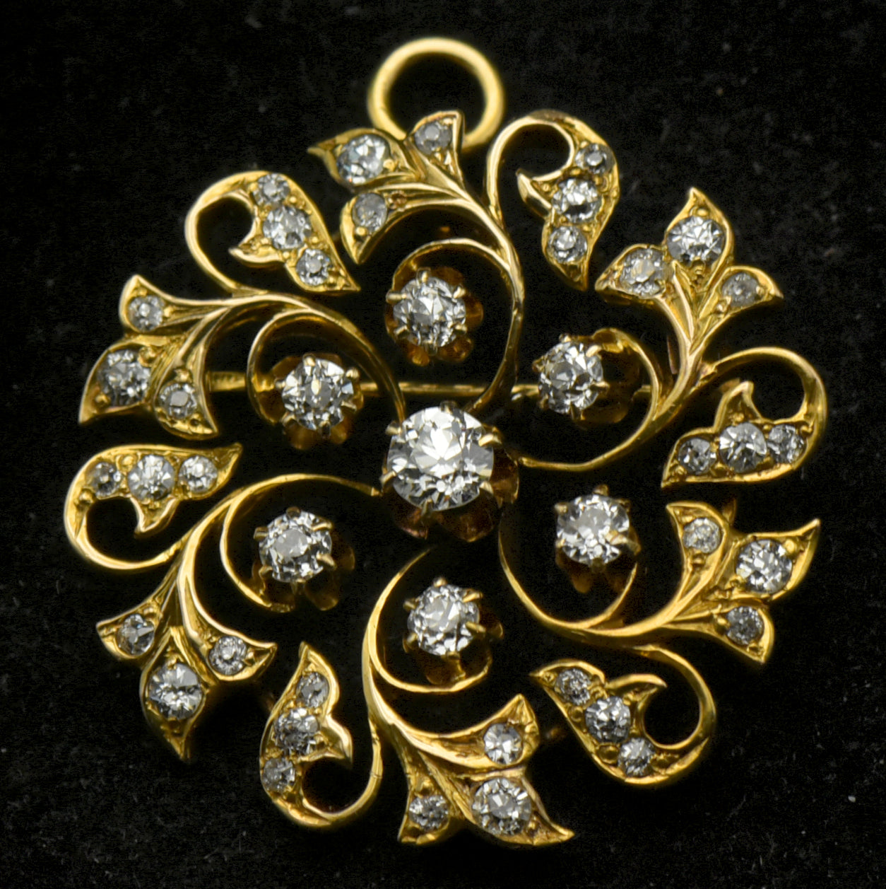 Antique 14k Gold and Diamonds Handmade Swirl Brooch/Pendant