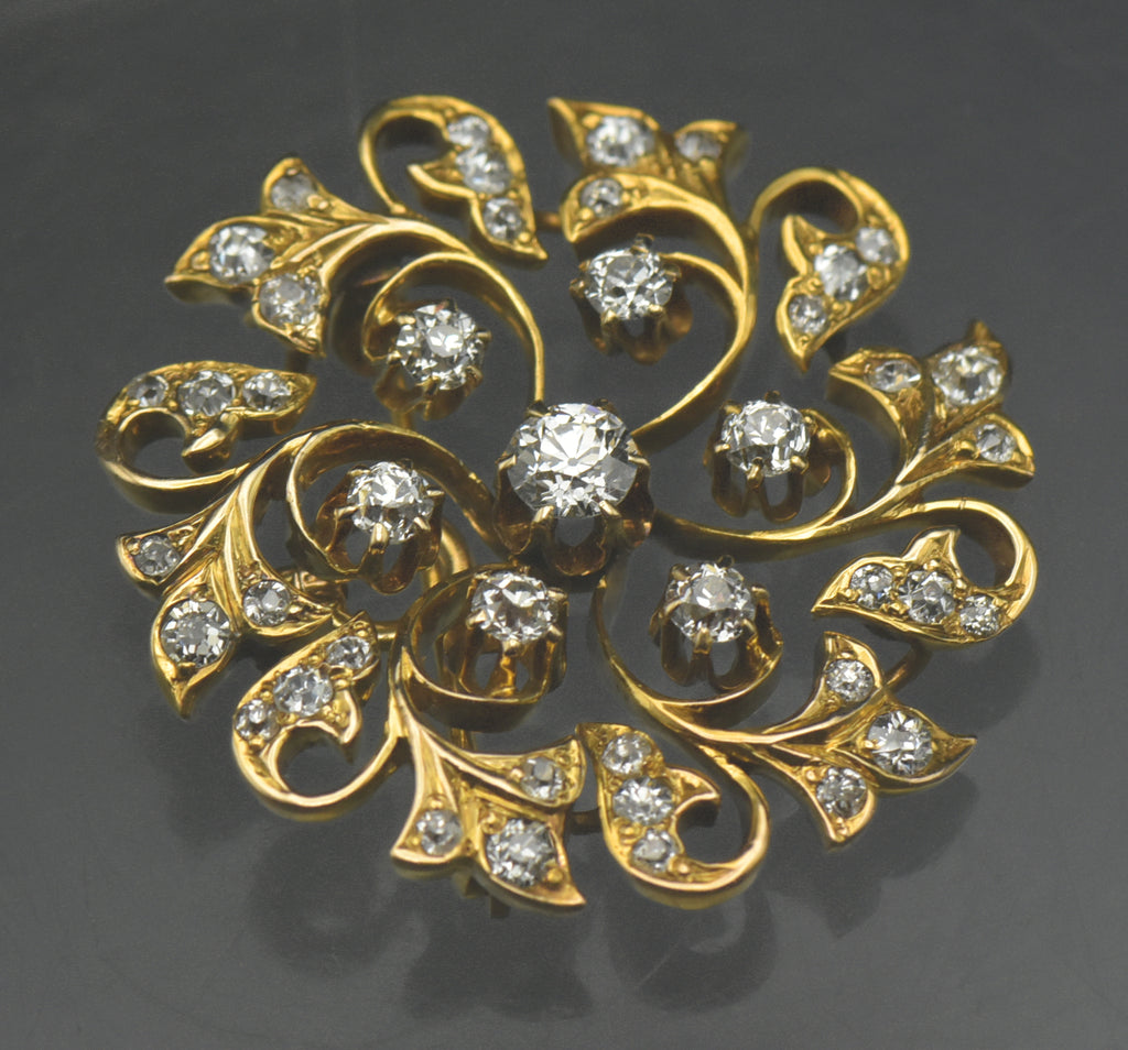 Antique 14k Gold and Diamonds Handmade Swirl Brooch/Pendant