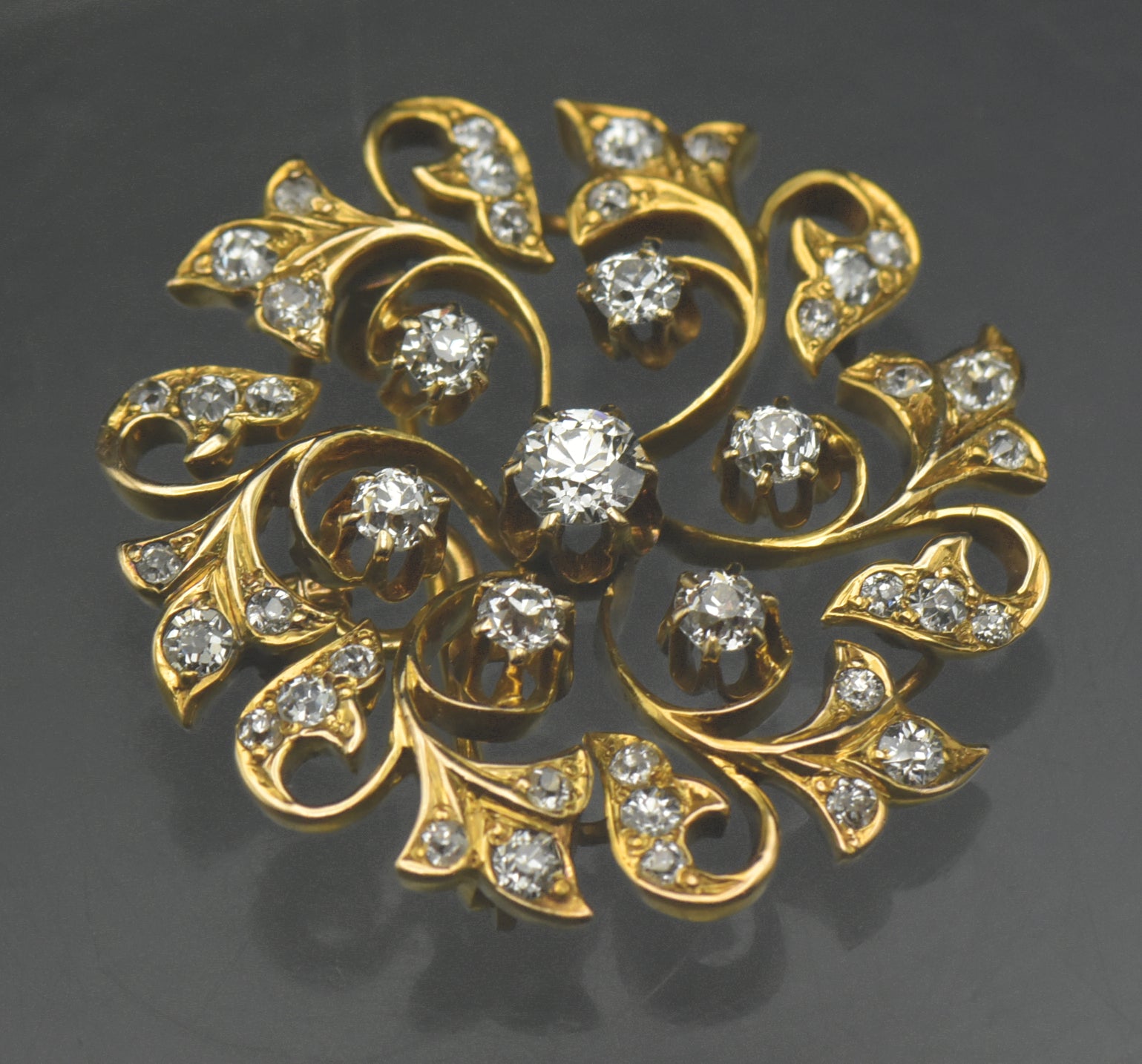 Antique 14k Gold and Diamonds Handmade Swirl Brooch/Pendant