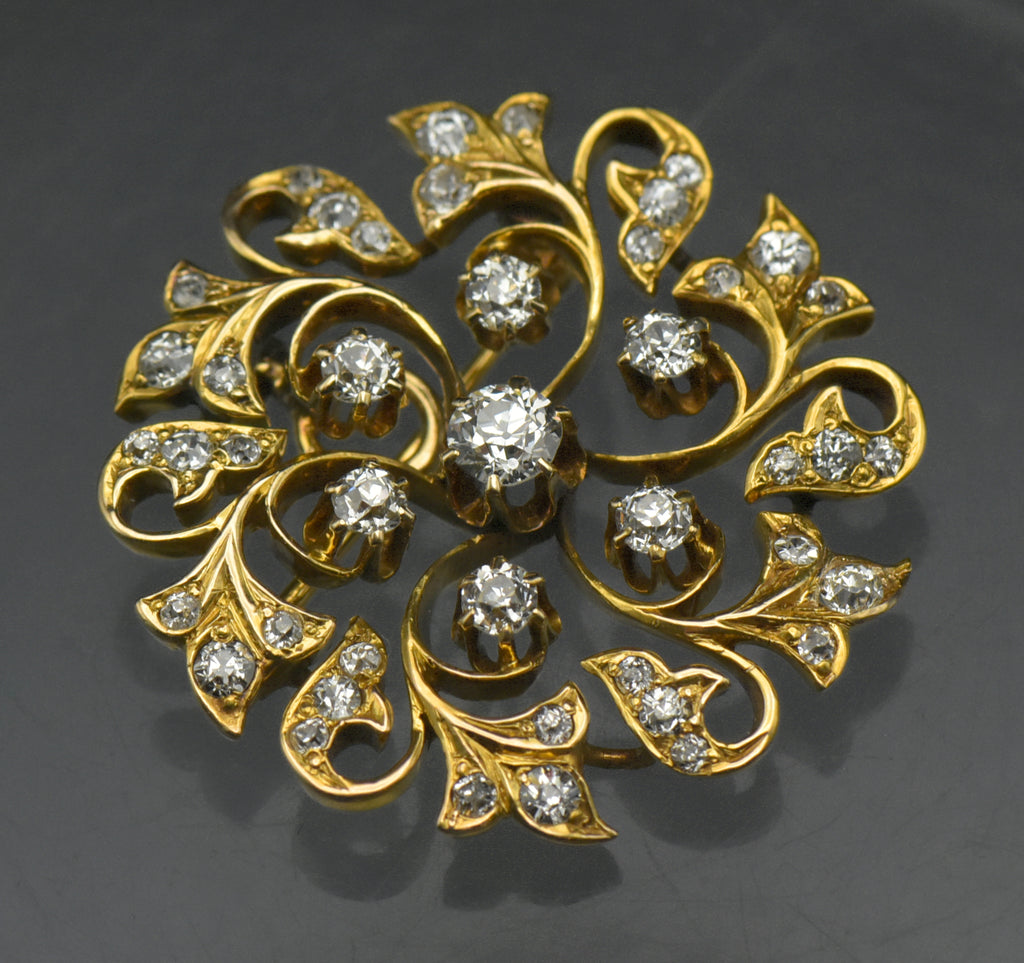 Antique 14k Gold and Diamonds Handmade Swirl Brooch/Pendant