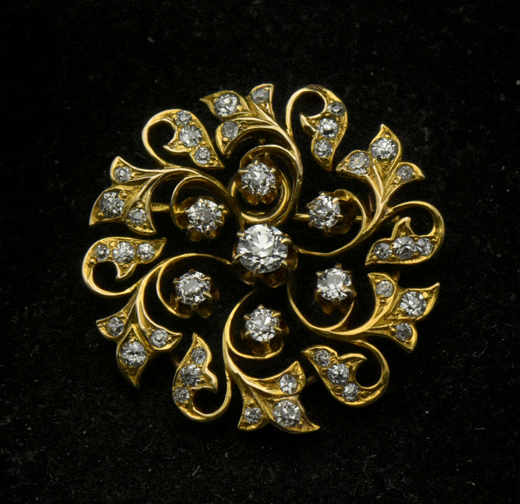 Antique 14k Gold and Diamonds Handmade Swirl Brooch/Pendant