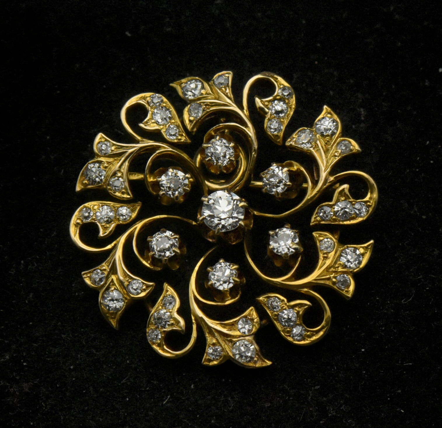 Antique 14k Gold and Diamonds Handmade Swirl Brooch/Pendant