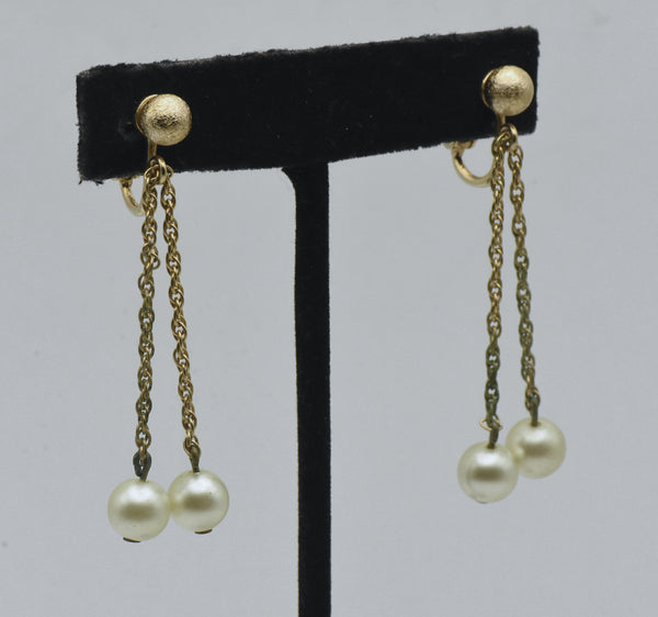 Napier - Vintage Faux Pearl and Gold Tone Clip On Dangle Earrings