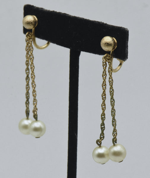 Napier - Vintage Faux Pearl and Gold Tone Clip On Dangle Earrings