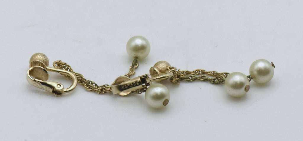 Napier - Vintage Faux Pearl and Gold Tone Clip On Dangle Earrings