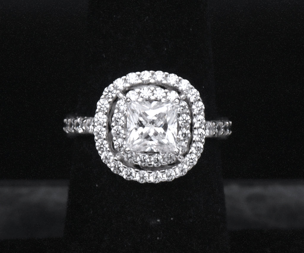 Sterling Silver Princess Cut Cubic Zirconia Double Halo Ring - Size 6