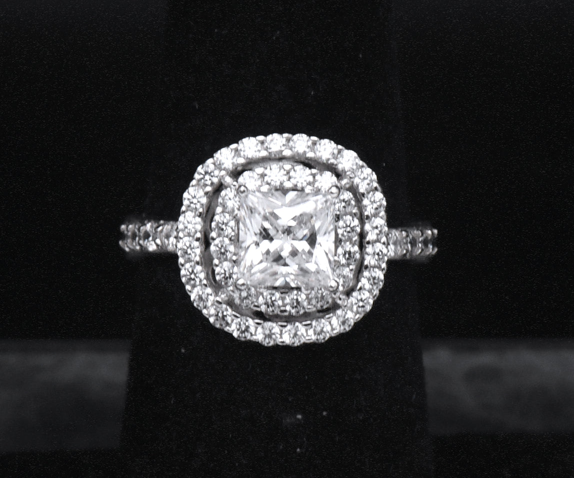 Sterling Silver Princess Cut Cubic Zirconia Double Halo Ring - Size 6