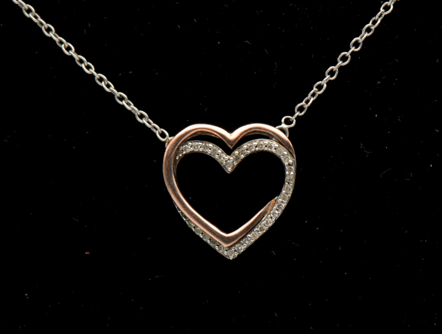 Vintage Sterling Silver and 14k Rose Gold Double Heart Diamond Pendant Chain Necklace - 18"
