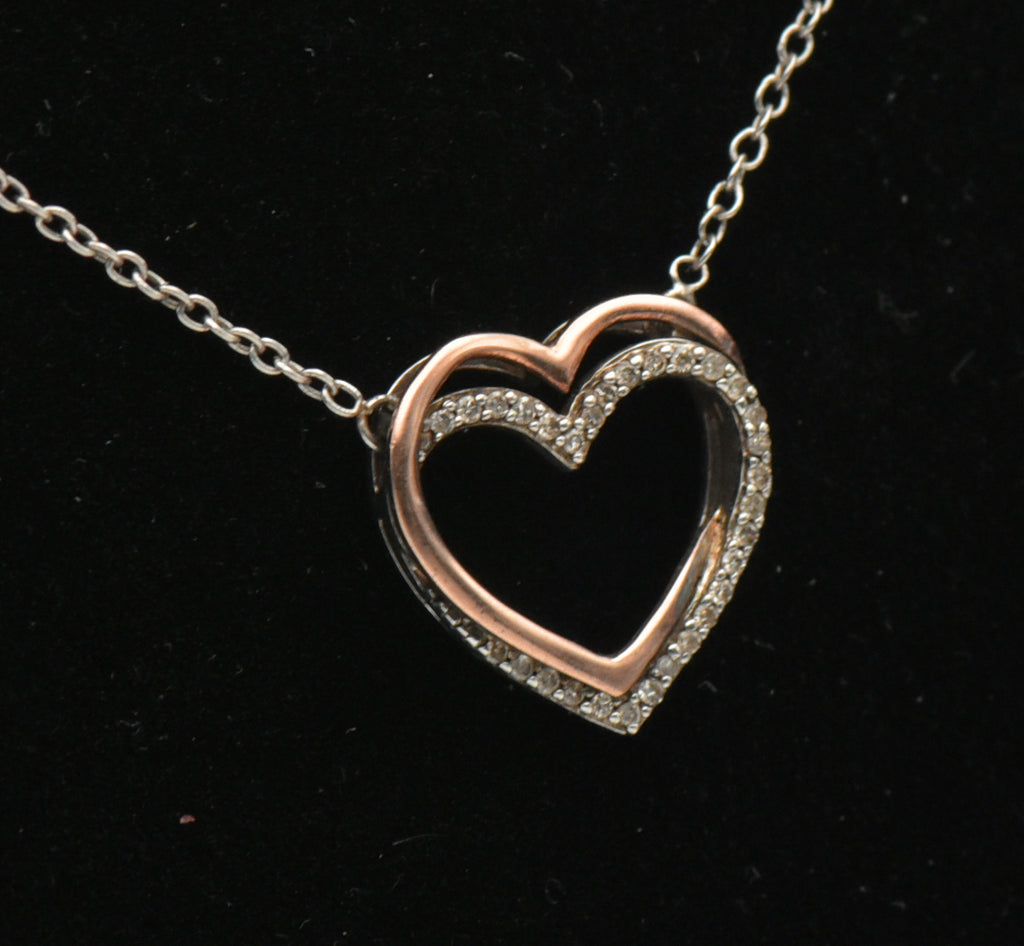 Vintage Sterling Silver and 14k Rose Gold Double Heart Diamond Pendant Chain Necklace - 18"