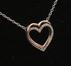 Vintage Sterling Silver and 14k Rose Gold Double Heart Diamond Pendant Chain Necklace - 18"