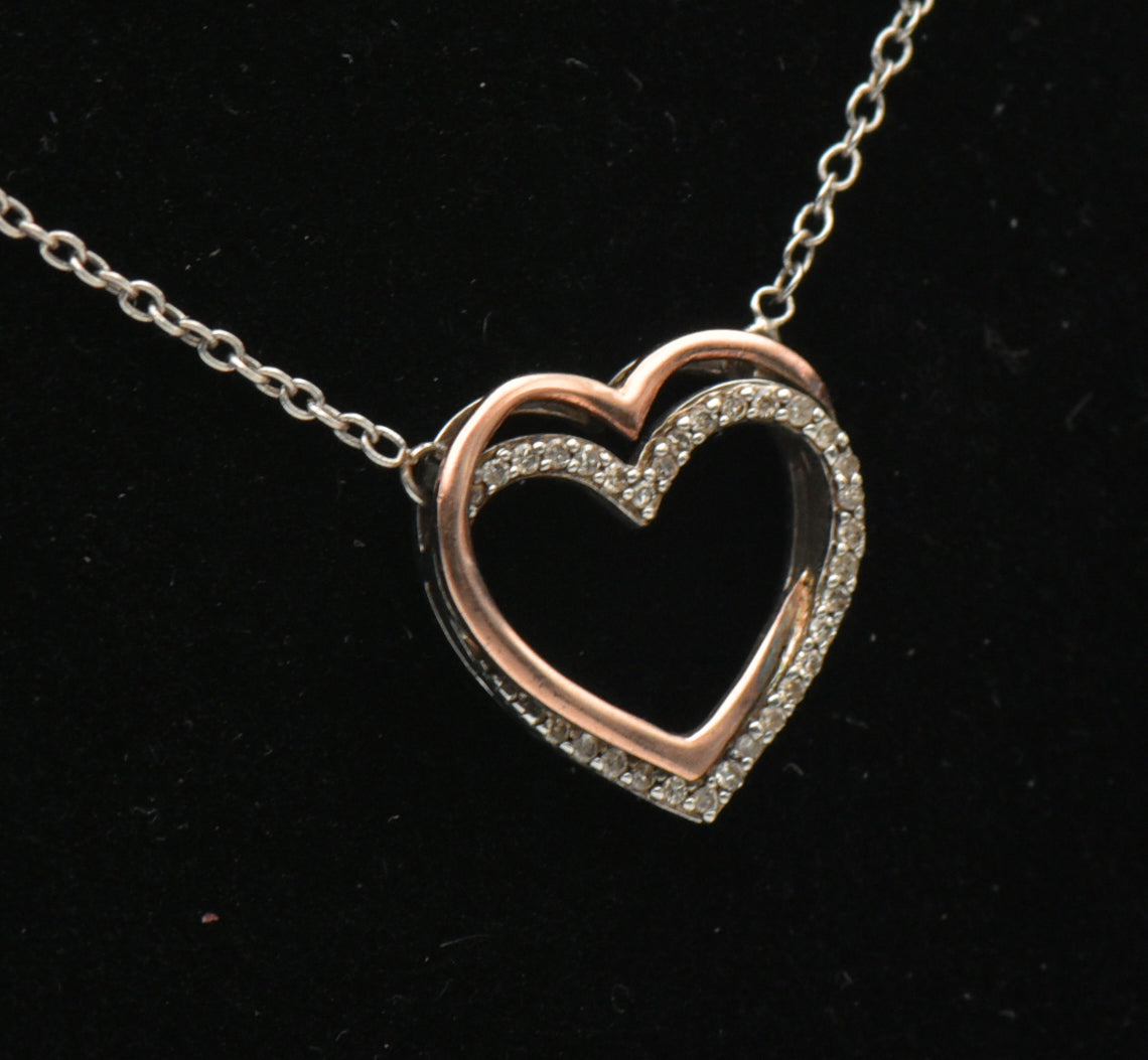 Vintage Sterling Silver and 14k Rose Gold Double Heart Diamond Pendant Chain Necklace - 18"
