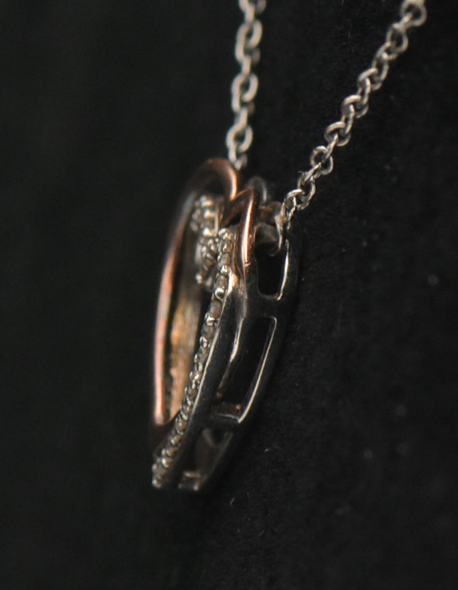 Vintage Sterling Silver and 14k Rose Gold Double Heart Diamond Pendant Chain Necklace - 18"