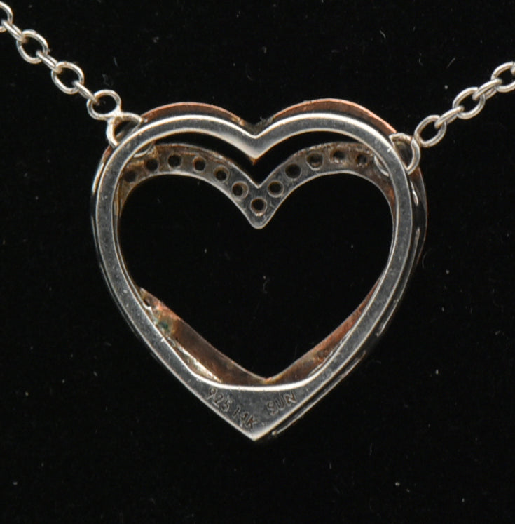 Vintage Sterling Silver and 14k Rose Gold Double Heart Diamond Pendant Chain Necklace - 18"