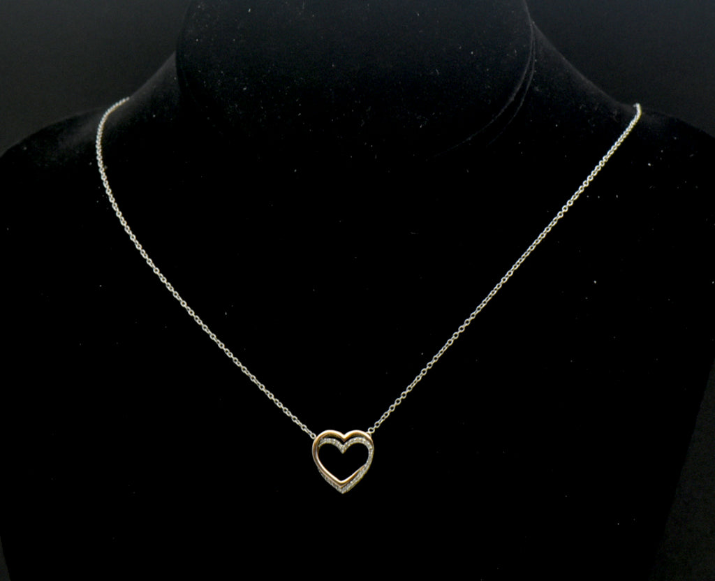 Vintage Sterling Silver and 14k Rose Gold Double Heart Diamond Pendant Chain Necklace - 18"