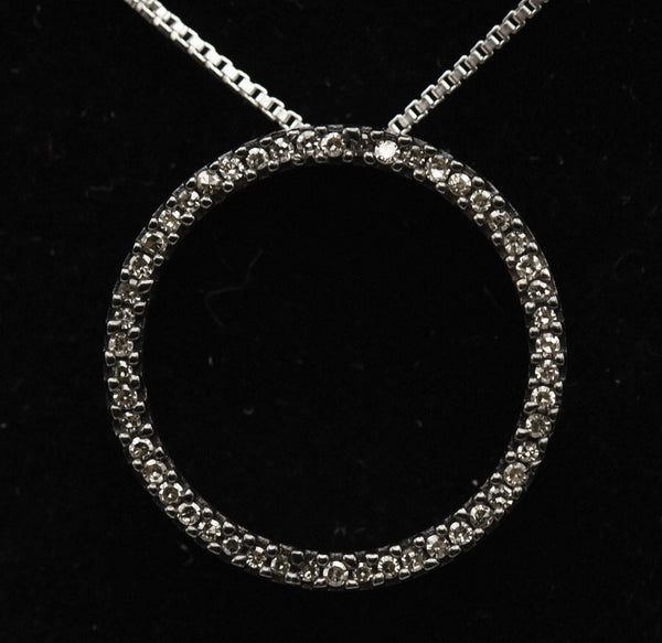Vintage Diamond Sterling Silver Hoop Pendant on Sterling Silver Chain Necklace - 18"