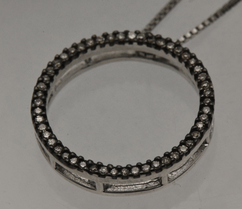 Vintage Diamond Sterling Silver Hoop Pendant on Sterling Silver Chain Necklace - 18"