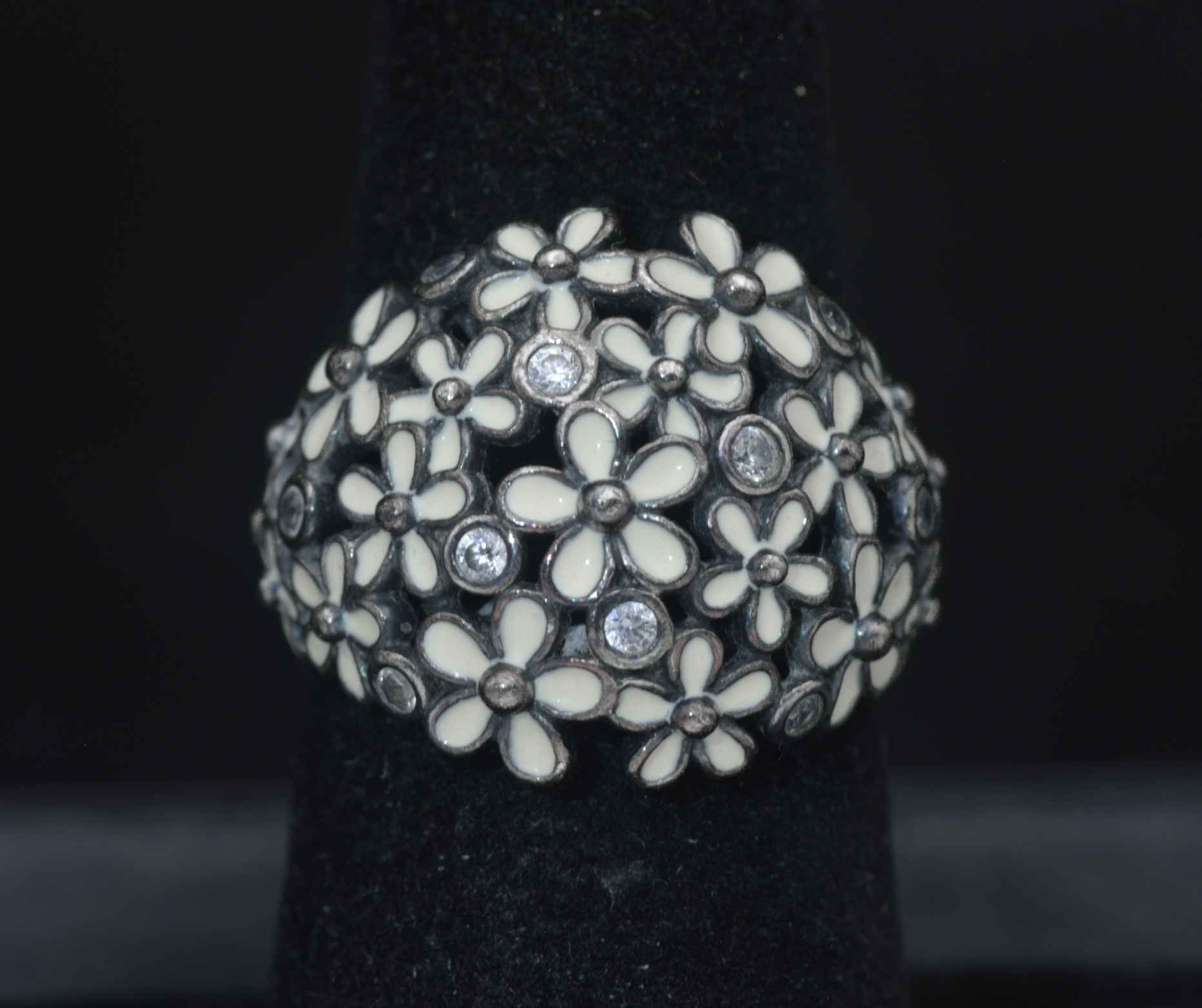 Pandora - Vintage Sterling Silver CZ Floral Dome Ring - Size 6