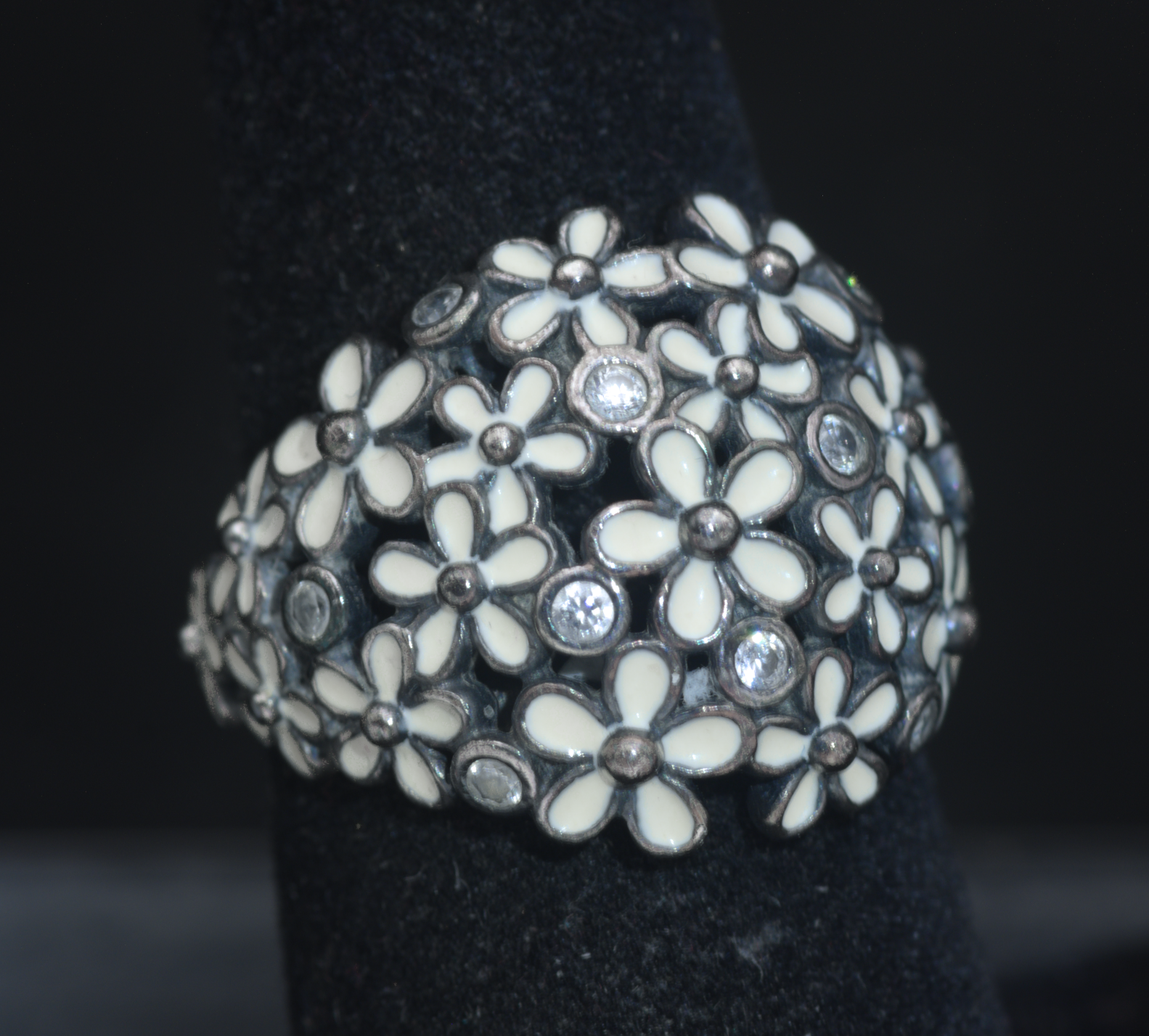Pandora - Vintage Sterling Silver CZ Floral Dome Ring - Size 6